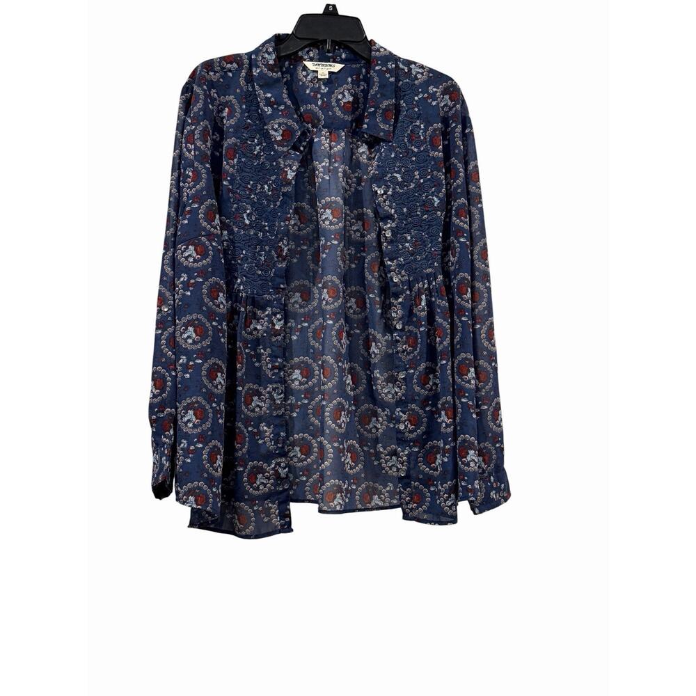 Tantrums Red White & Blue Floral Peasant-Style Sheer Blouse SZ XL Embroidery - Picture 10 of 14